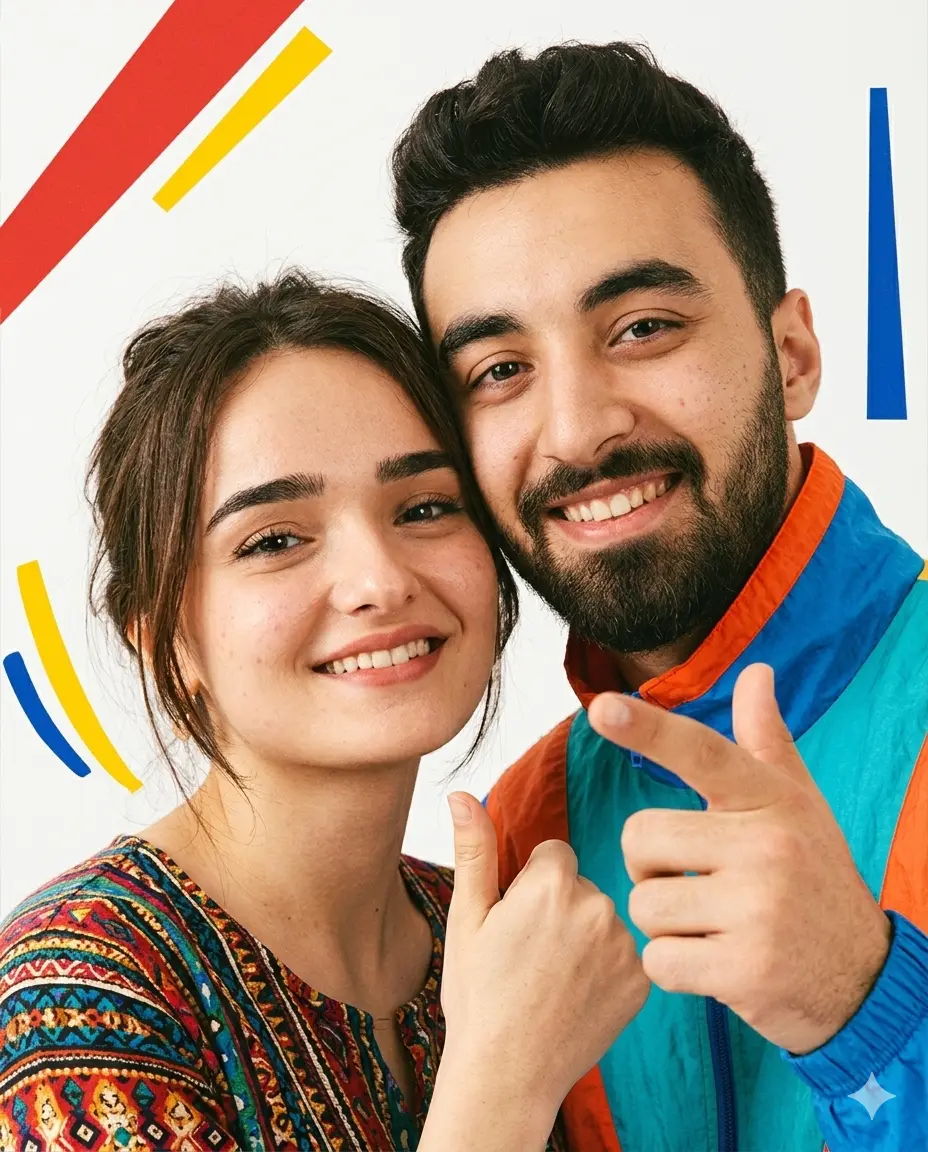 90s Bollywood romantic comedy poster style couple portrait