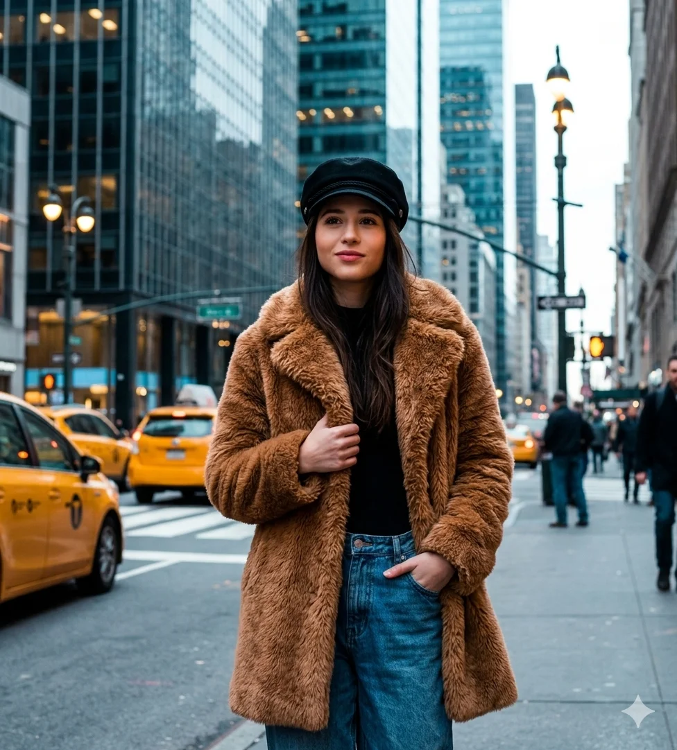 Gemini AI Prompt for Girls Urban Portrait in Brown Fur Coat Pose 5