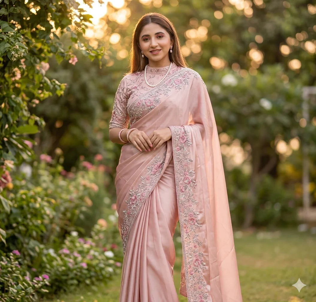 Gemini AI Saree Photo Prompt Blush Pink Saree with Embroidery