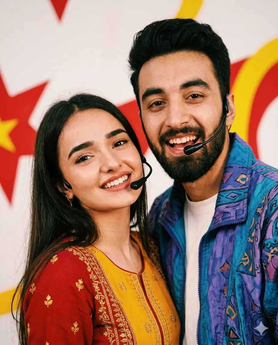 Gemini Couple 90s Music Video Microphone Style Prompt