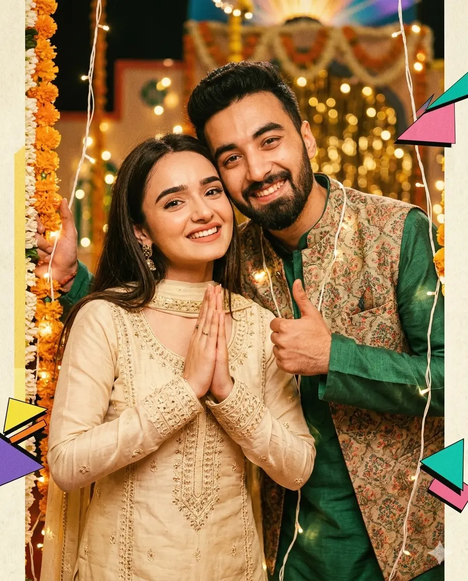 Gemini Couple Photo Prompt 90s Festive Poster