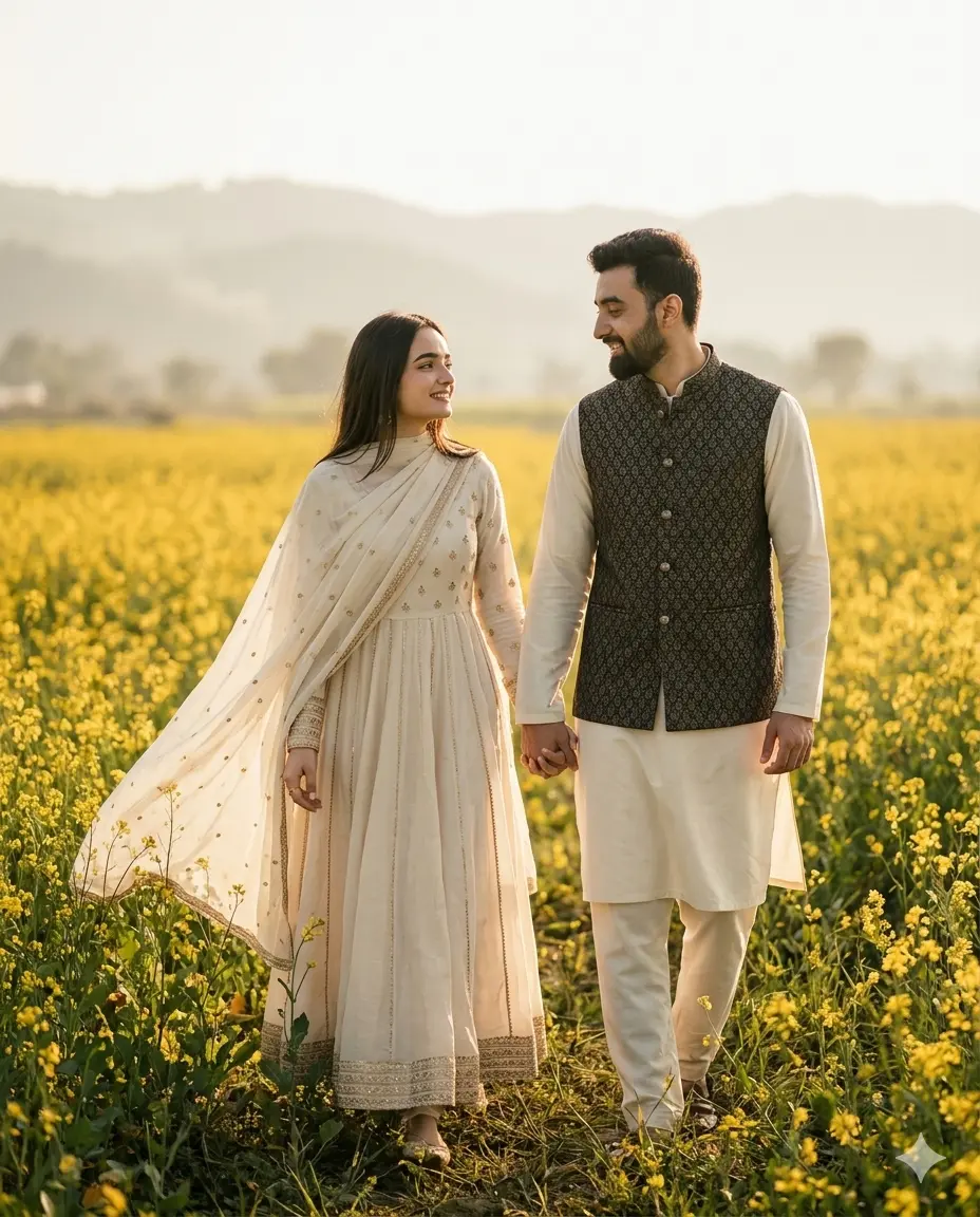 Gemini Couple Photo Prompt for 90s Mustard Fields