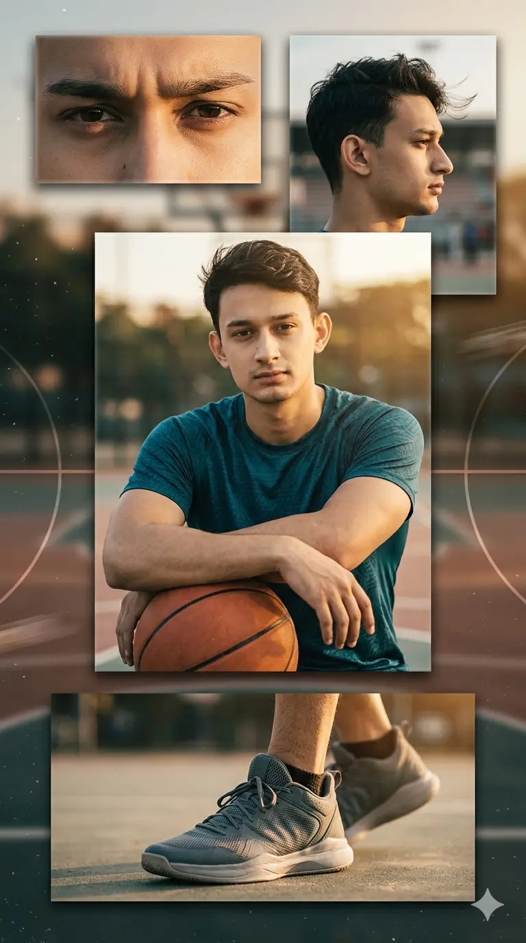 Gemini Man Photo Prompt 4 Frames Basketball Style