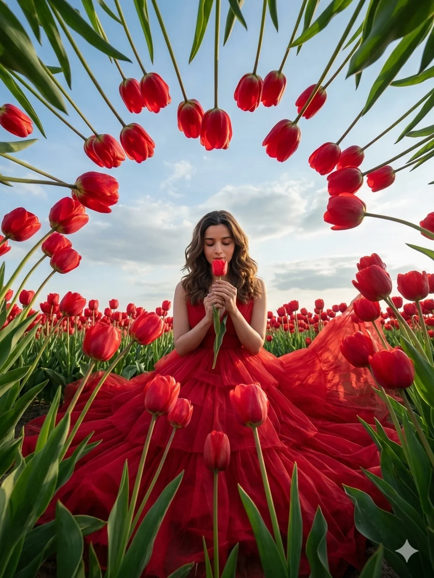 Kneeling Among Tulips