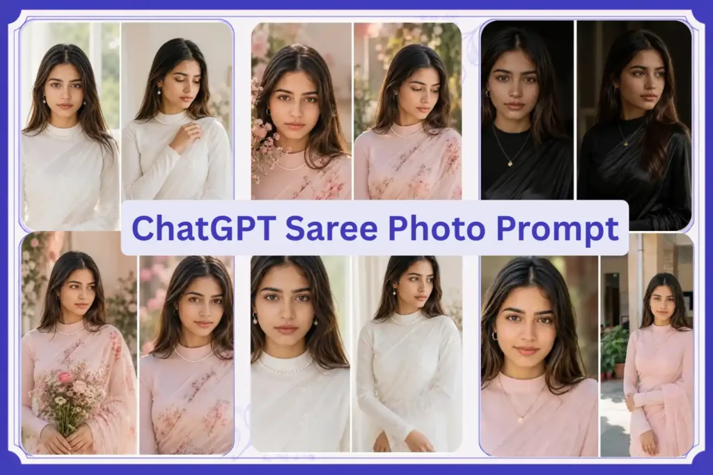 4 ChatGPT Saree Photo Prompt to create a white, black, pink, and farewell saree collage