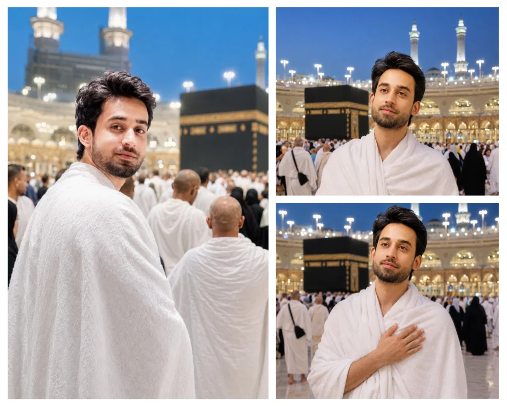 ChatGPT Hajj Photo Prompt 2026 – 3 Cinematic Ihram Portraits at the Kaaba