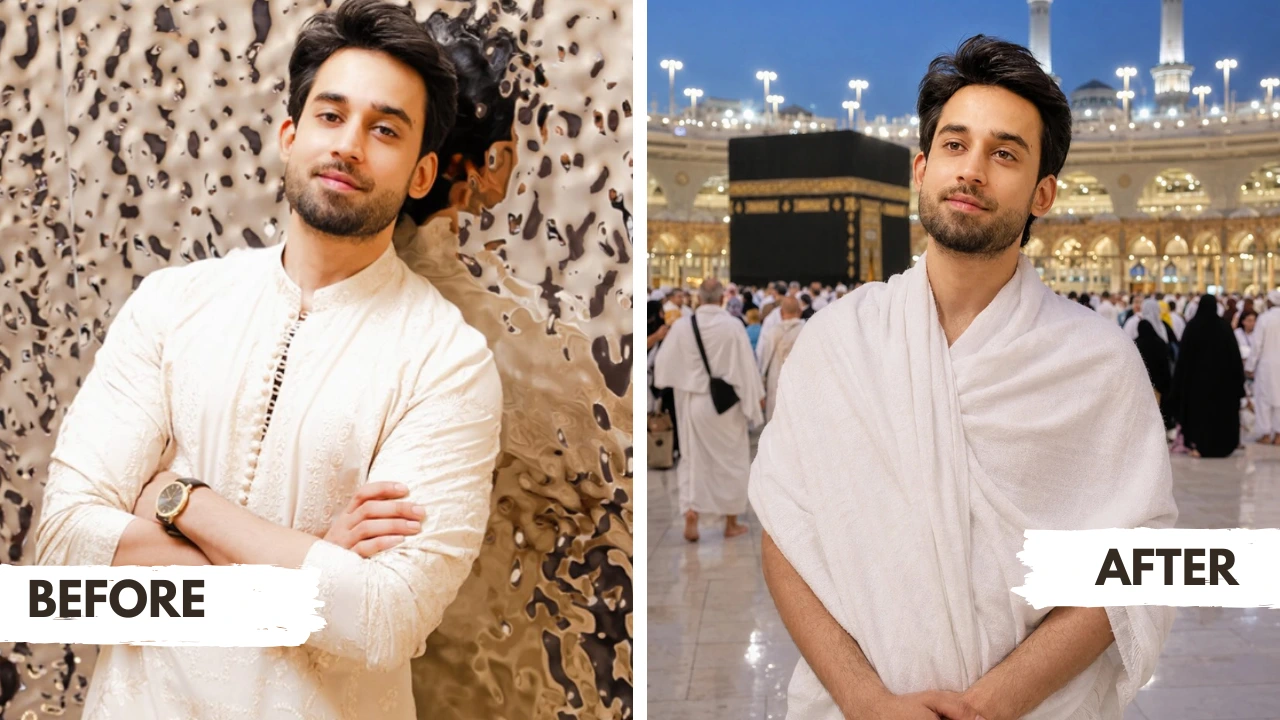 Relaxed Ihram Pose at Kaaba