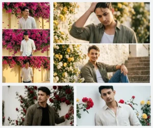 Floral 3 Frame Gemini AI Boys Prompt Bougainvillea, Rose Wall, and Golden Hour Collage