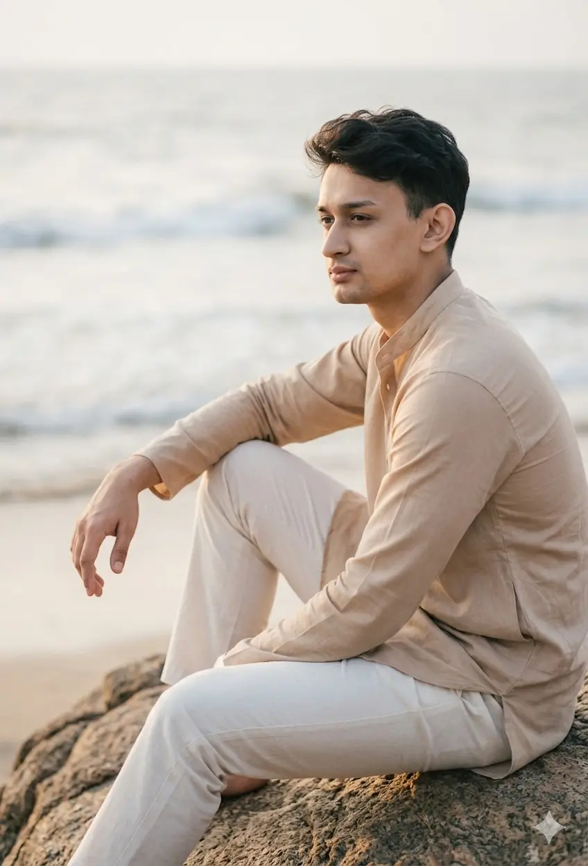 Sitting on Rock — Calm Masculine Beach Portrait