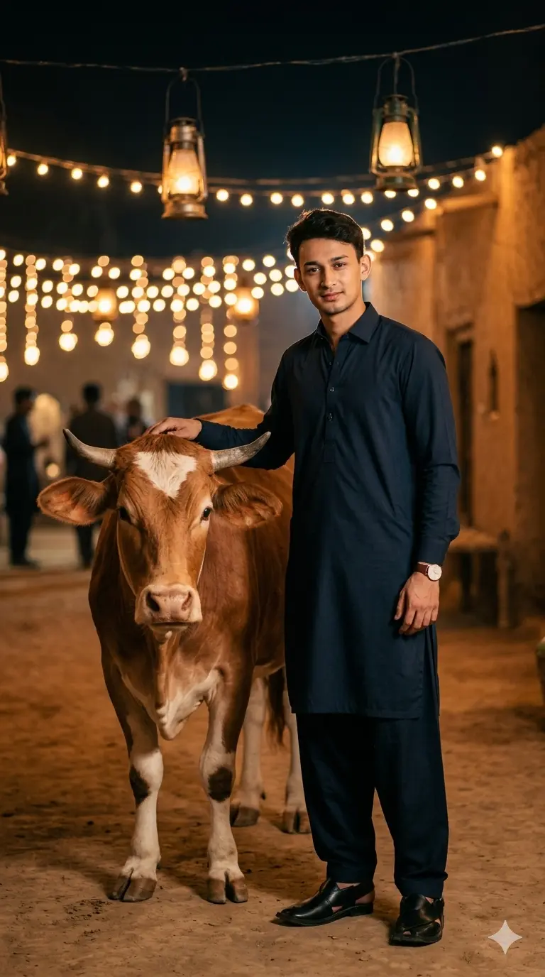 Gemini AI Eid Ul Adha Night Boy And Animal Portrait Night Portrait