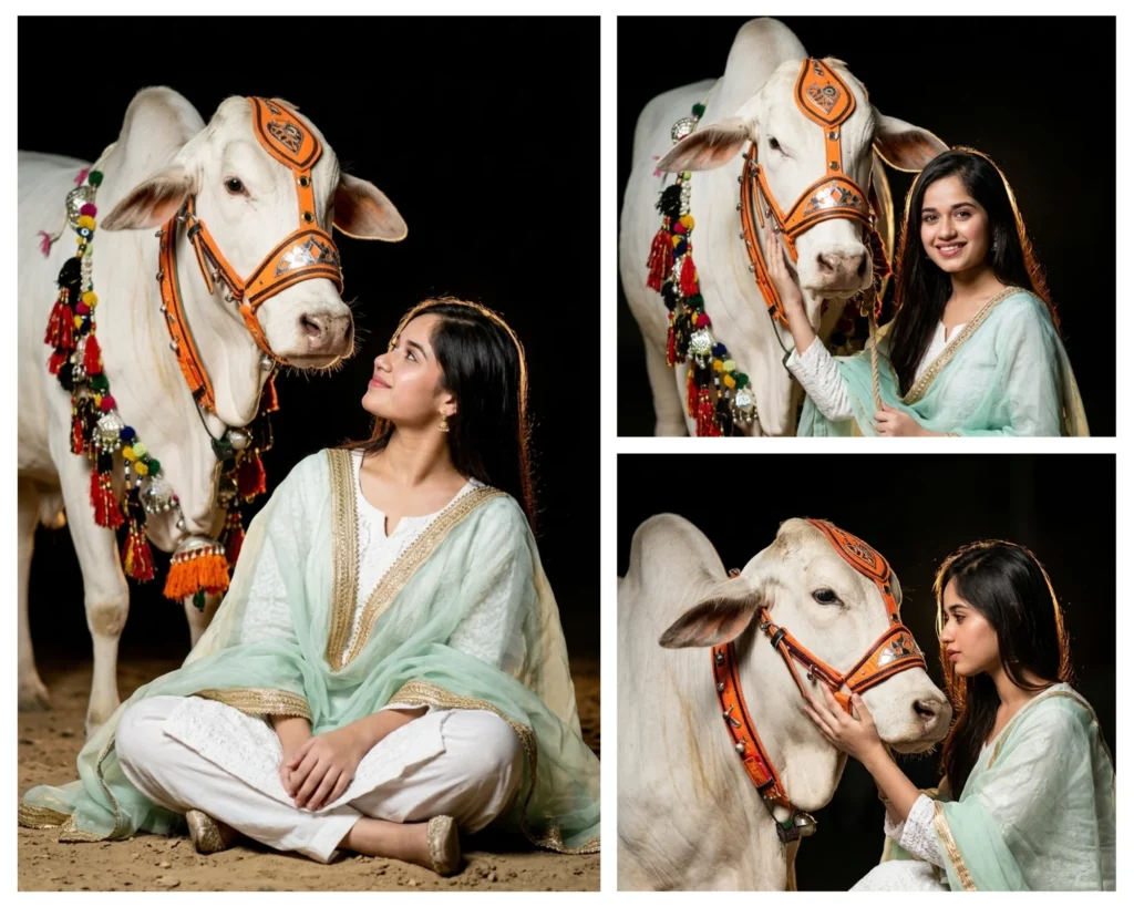 Gemini AI Girl Eid ul Adha Photo Prompt with Animal : Cinematic Flash Portrait Pack