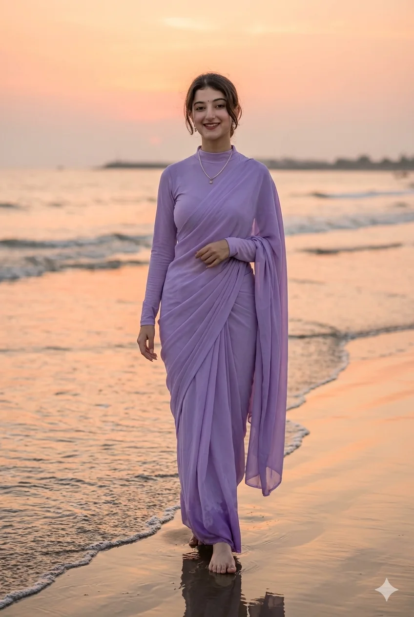 Full Body Ocean Reflection | Lavender Saree-Inspired Look