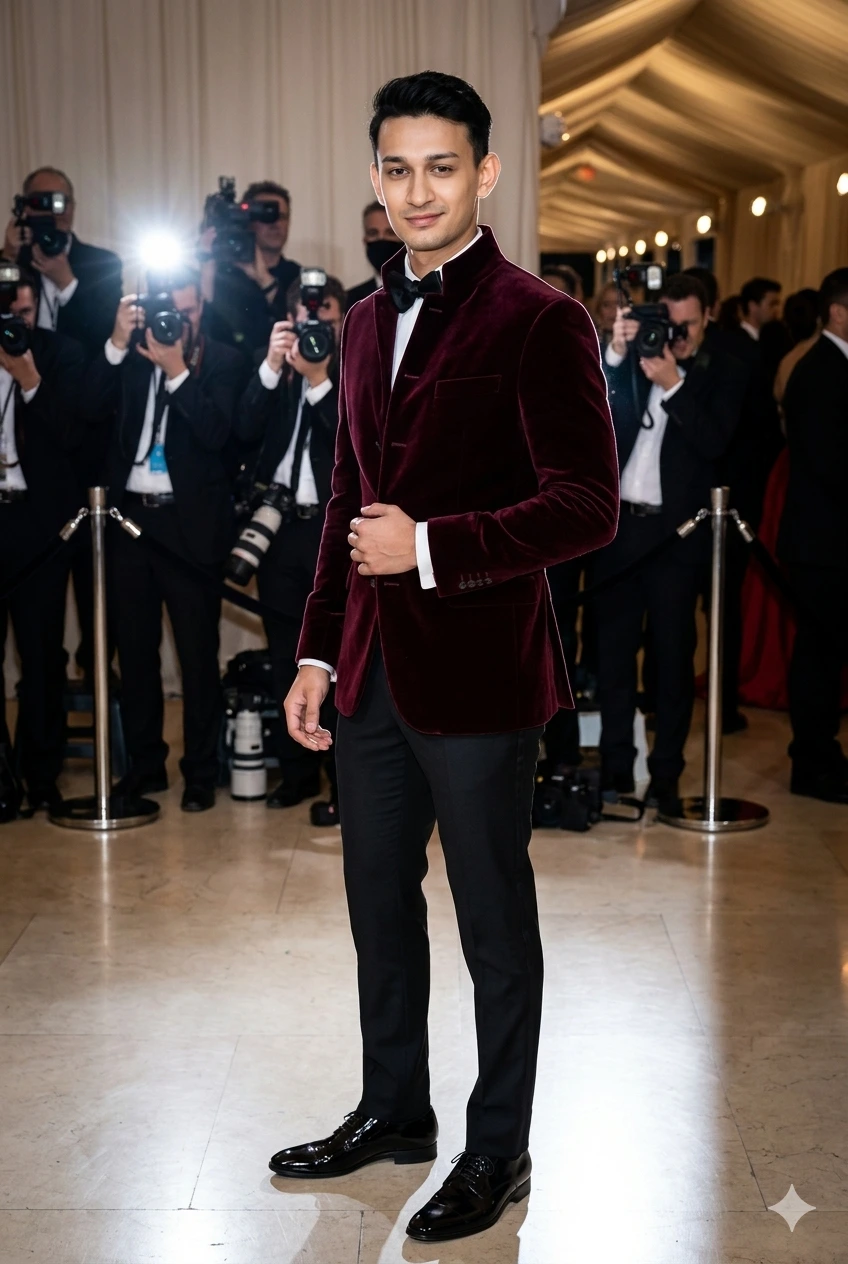 Burgundy Velvet Jacket with Black Formal Pants