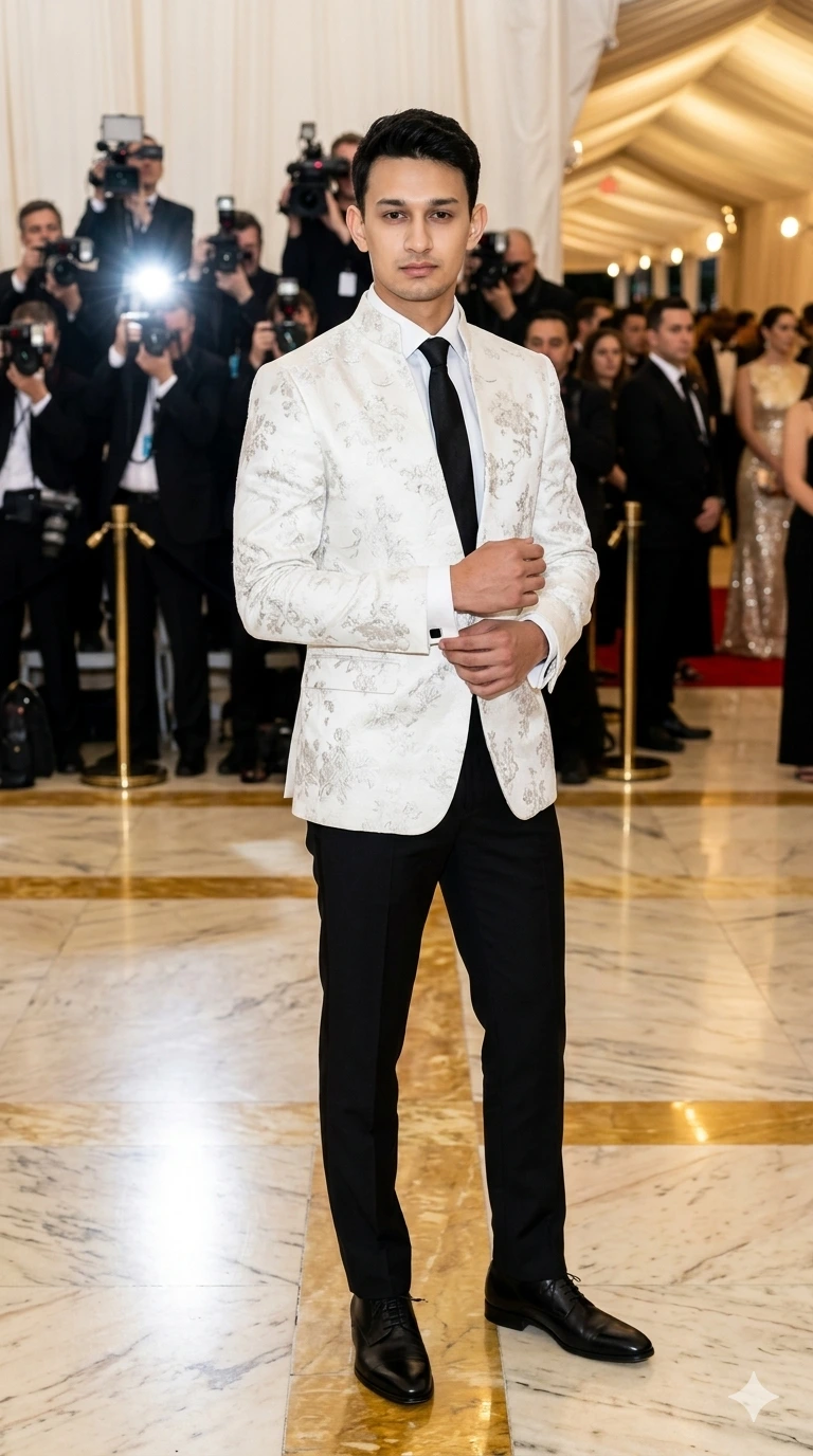 White Brocade Jacket with Black Trousers