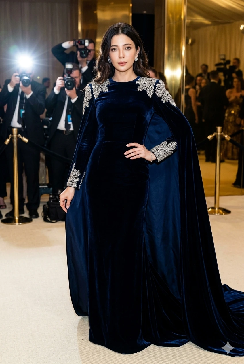Gemini AI Midnight Navy Velvet Cape Gown Met Gala Girls Prompt Result