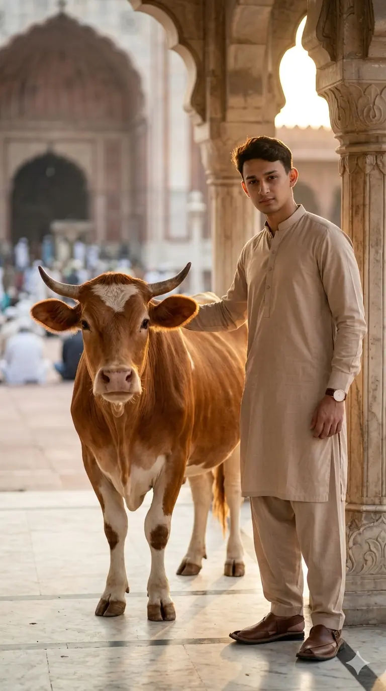 Gemini AI Mosque Courtyard Boy Portrait with Animal Mosque Courtyard