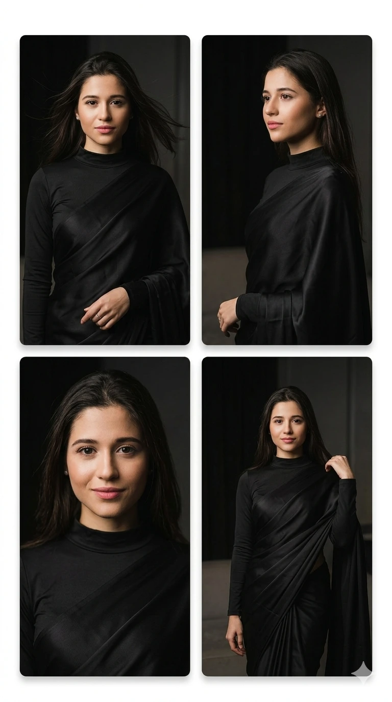 Gemini AI Saree Prompt For Girls Black Saree Cinematic Collage