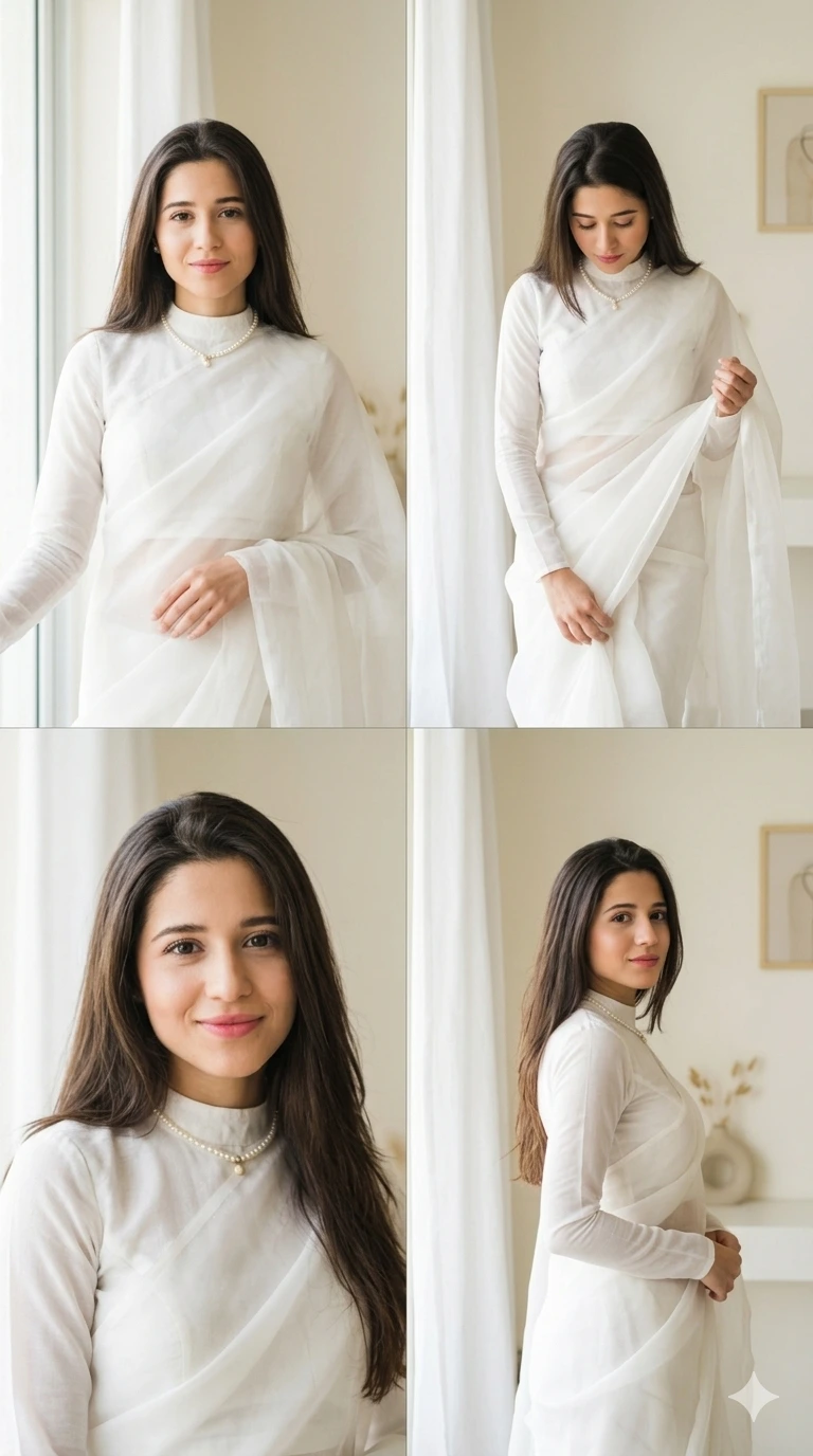 Gemini AI Saree Prompt For Girls White Saree Soft Pinterest Collage