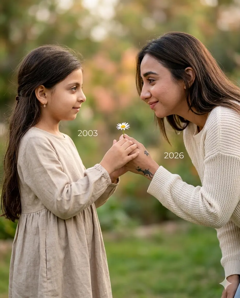Gemini Childhood Photo Prompt Younger Self Handing a Flower