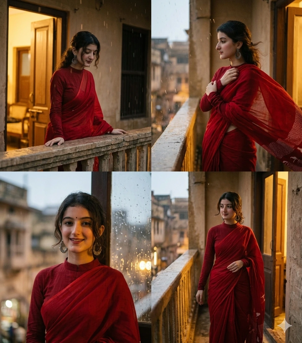 Gemini Girl Photo Prompt Retro Bollywood Red Saree Rainy Balcony Vintage Look