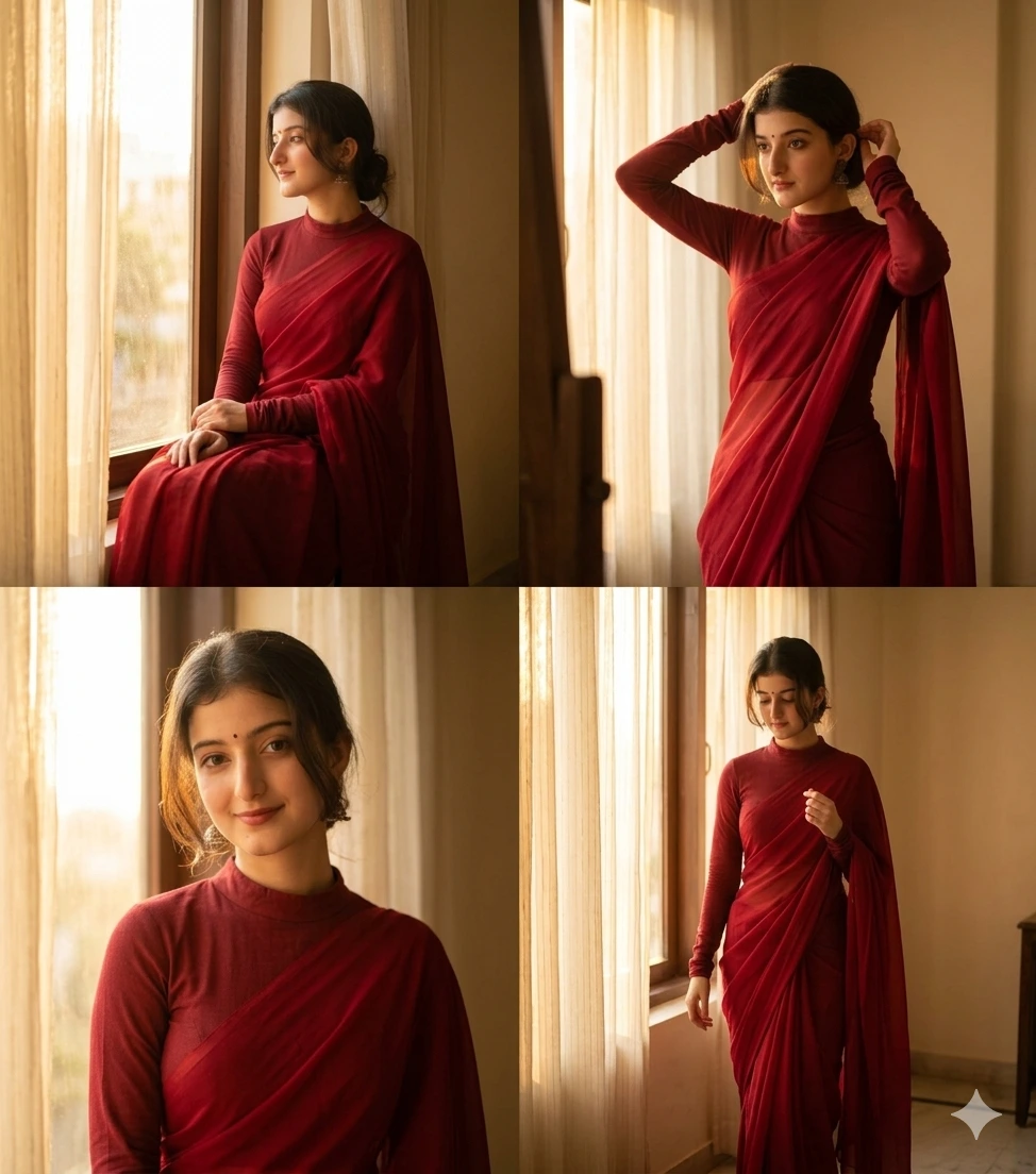 Gemini Retro Bollywood Red Saree Prompt Window Light Candid Story