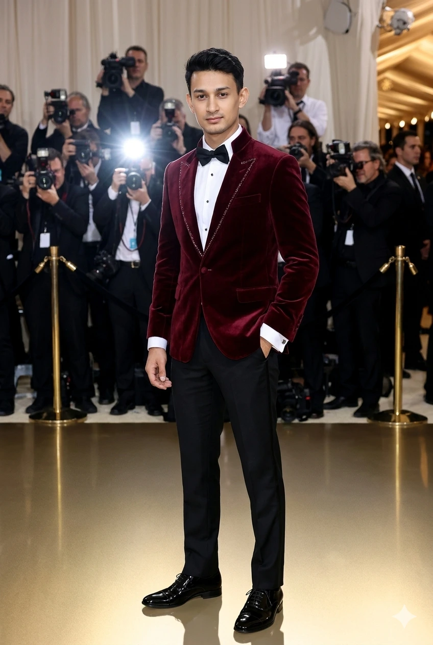 Burgundy Velvet Blazer with Black Pants