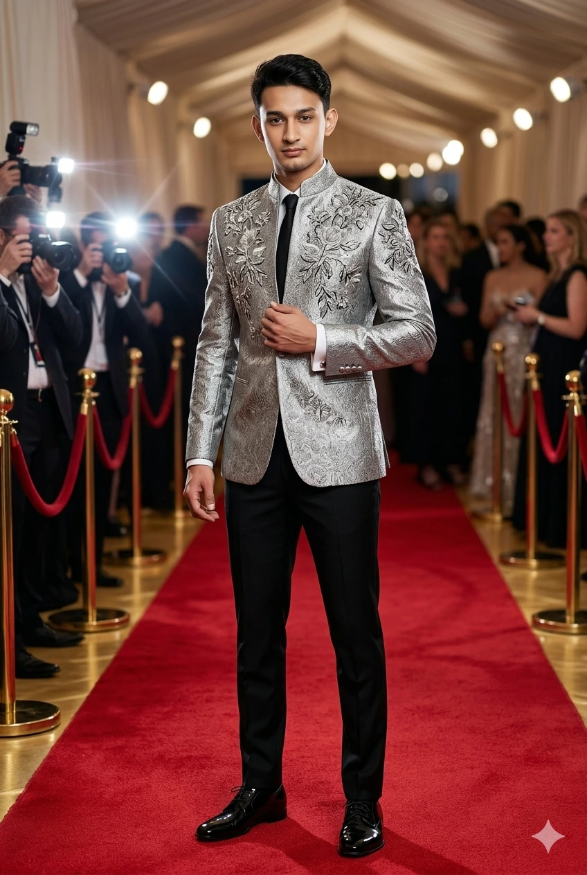 Silver Brocade Jacket with Black Trousers