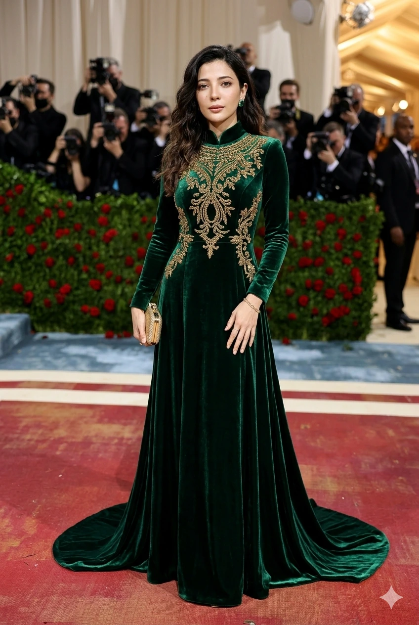 Met Gala Emerald Green Beaded Gown with Train Girl Gemini Ai Prompt