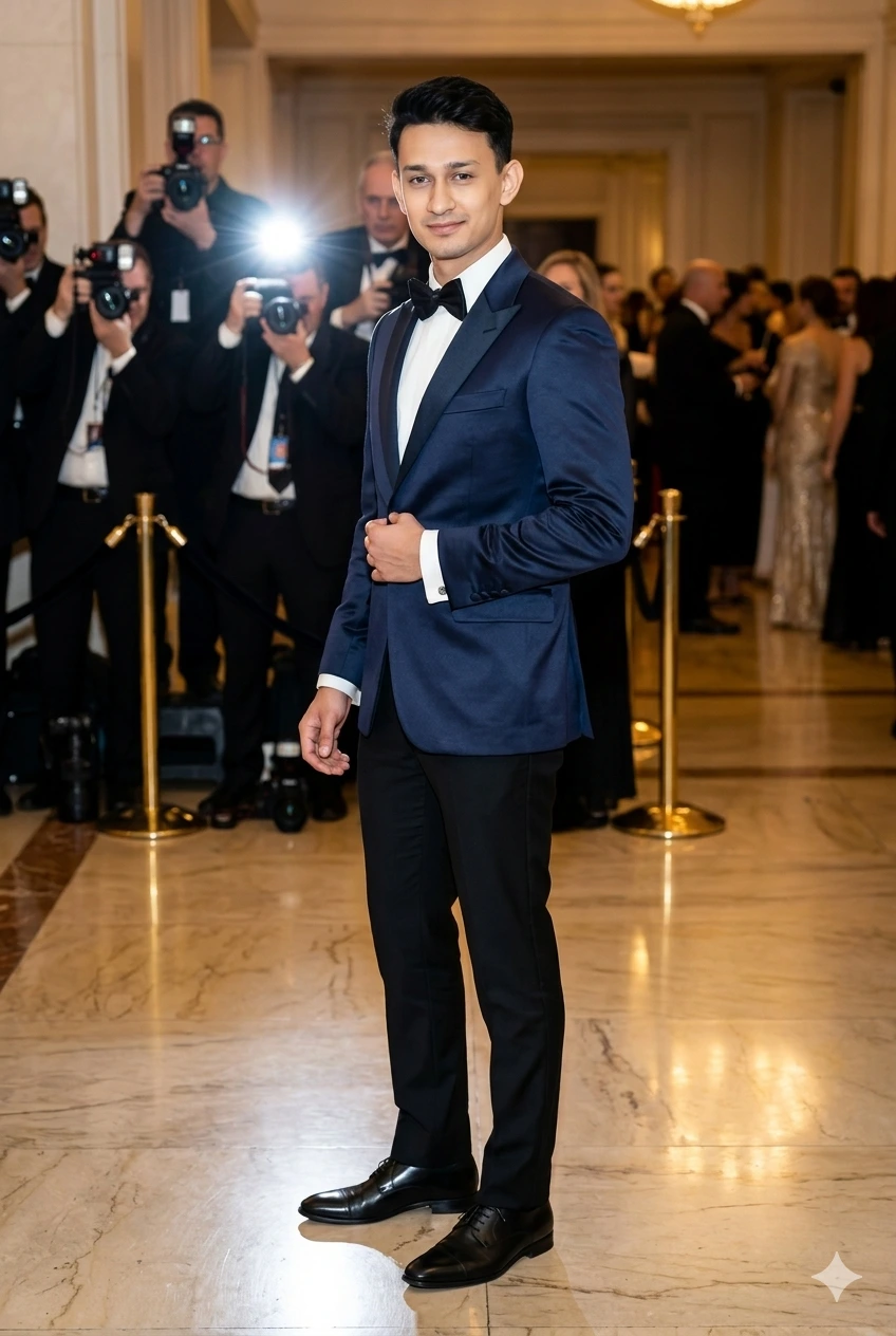 Navy Satin Dinner Jacket with Black Pants