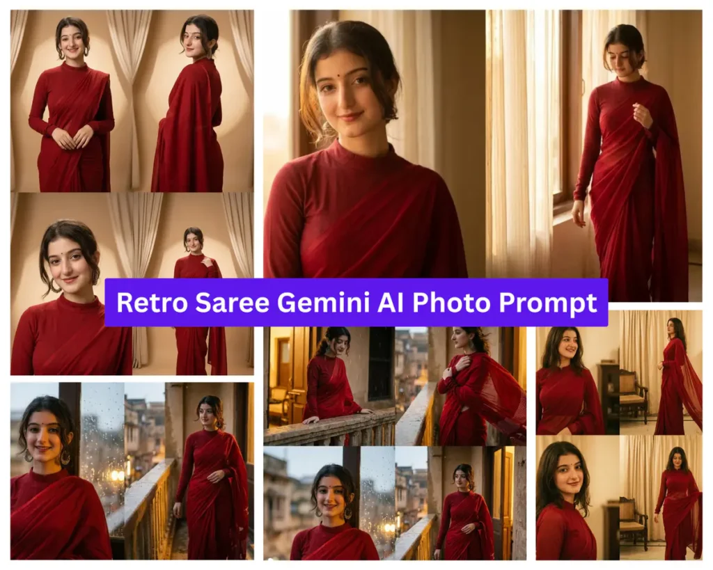 Retro Saree Gemini AI Photo Prompt: Red Saree Bollywood Photo Collage