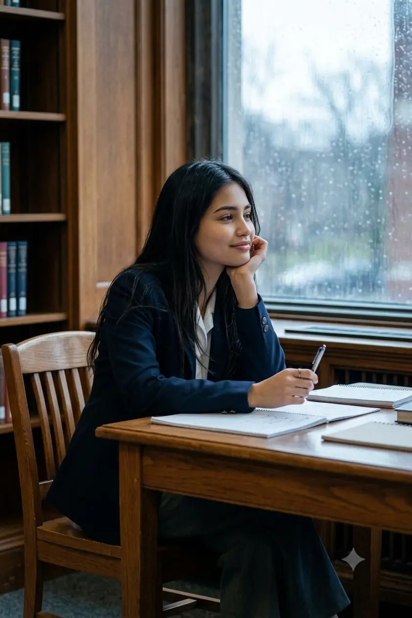 AI Library Window Daydream Portrait Prompt - Soft Aesthetic Study Photography
