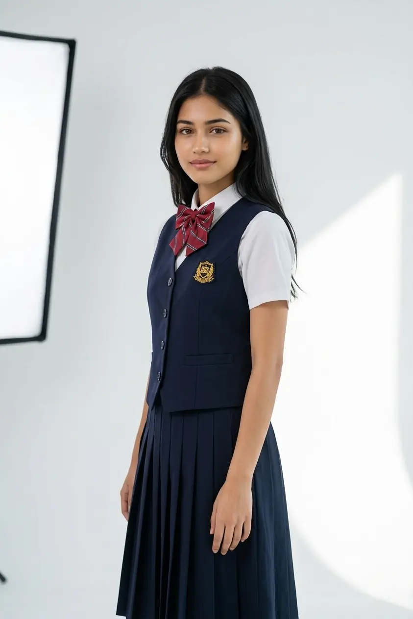 AI School Uniform Portrait Prompt - Minimalist White Studio Photography