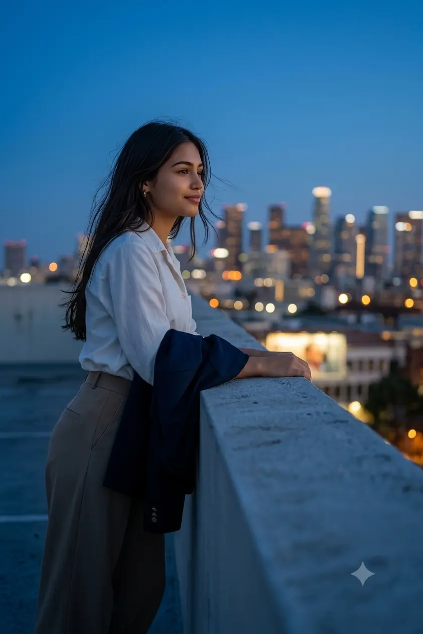 AI Rooftop Blue Hour Portrait Prompt - Cinematic City View Aesthetic Photography
