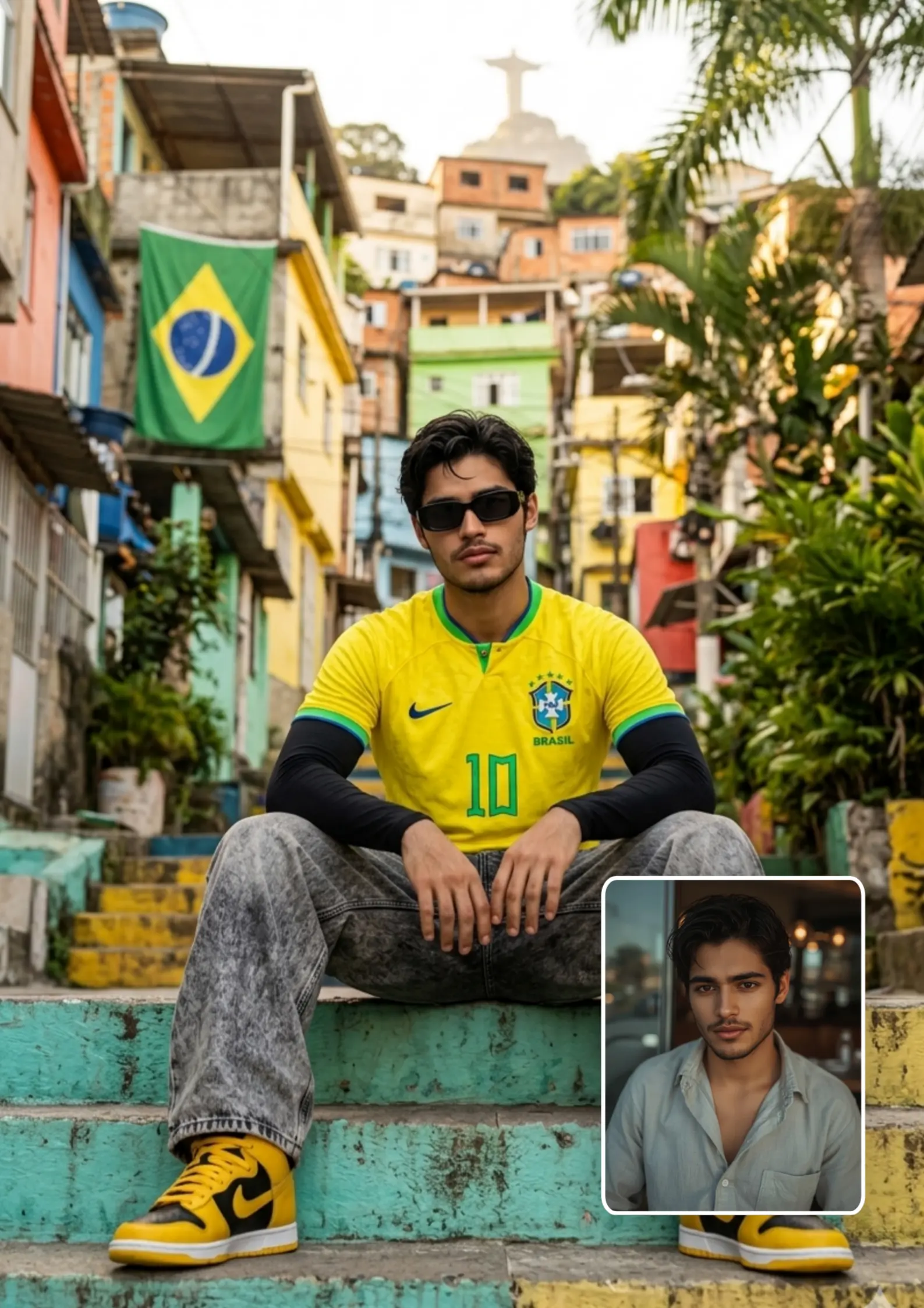 Brazil Number 10 Neymar Jersey Boy Rio Favela Steps Sitting Relaxed Pose — Gemini AI Photo Editing Prompt FIFA 2026