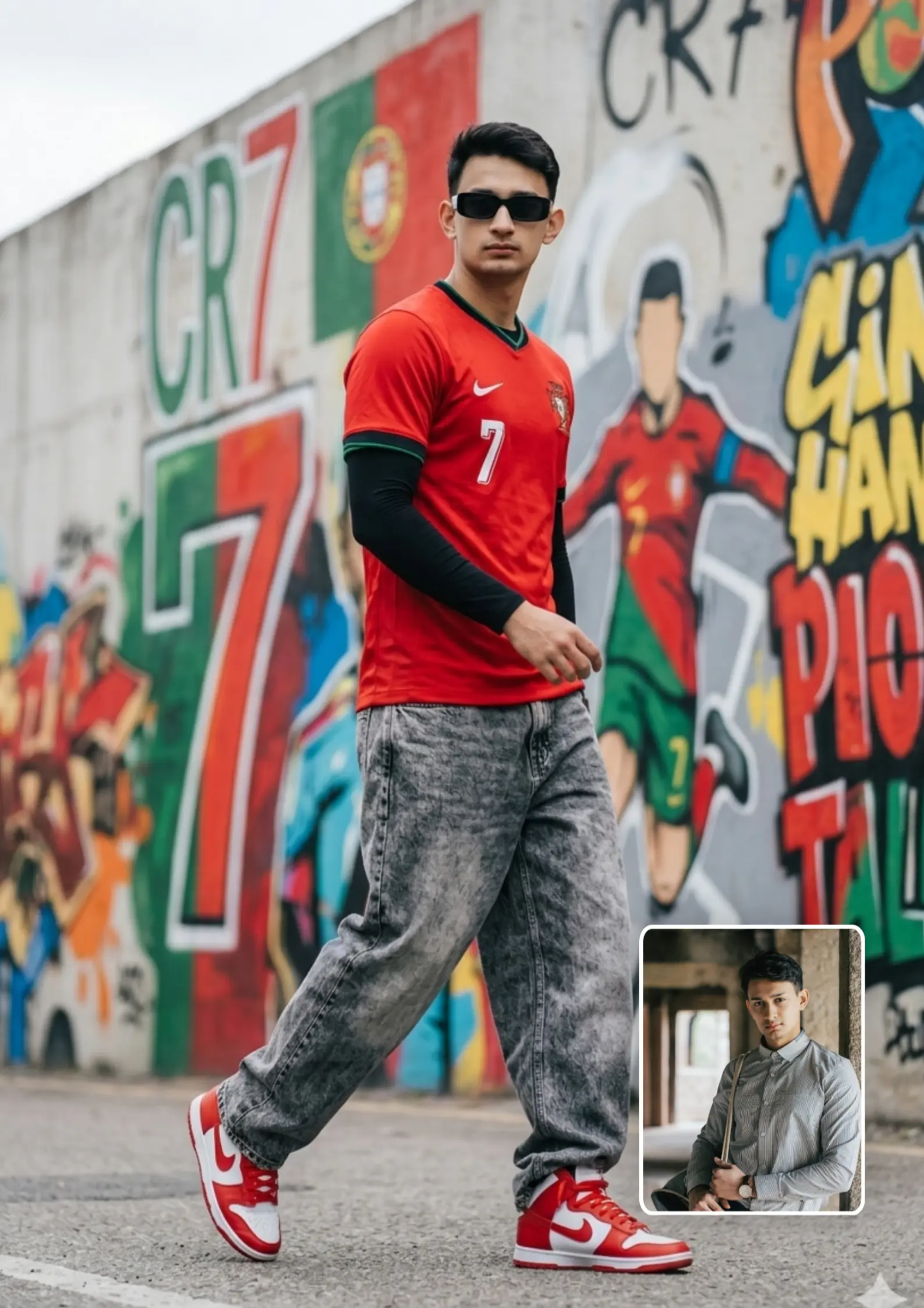 CR7 Fan Boy Mid-Walk Looking Back Over Shoulder Graffiti Wall AI Photo Prompt