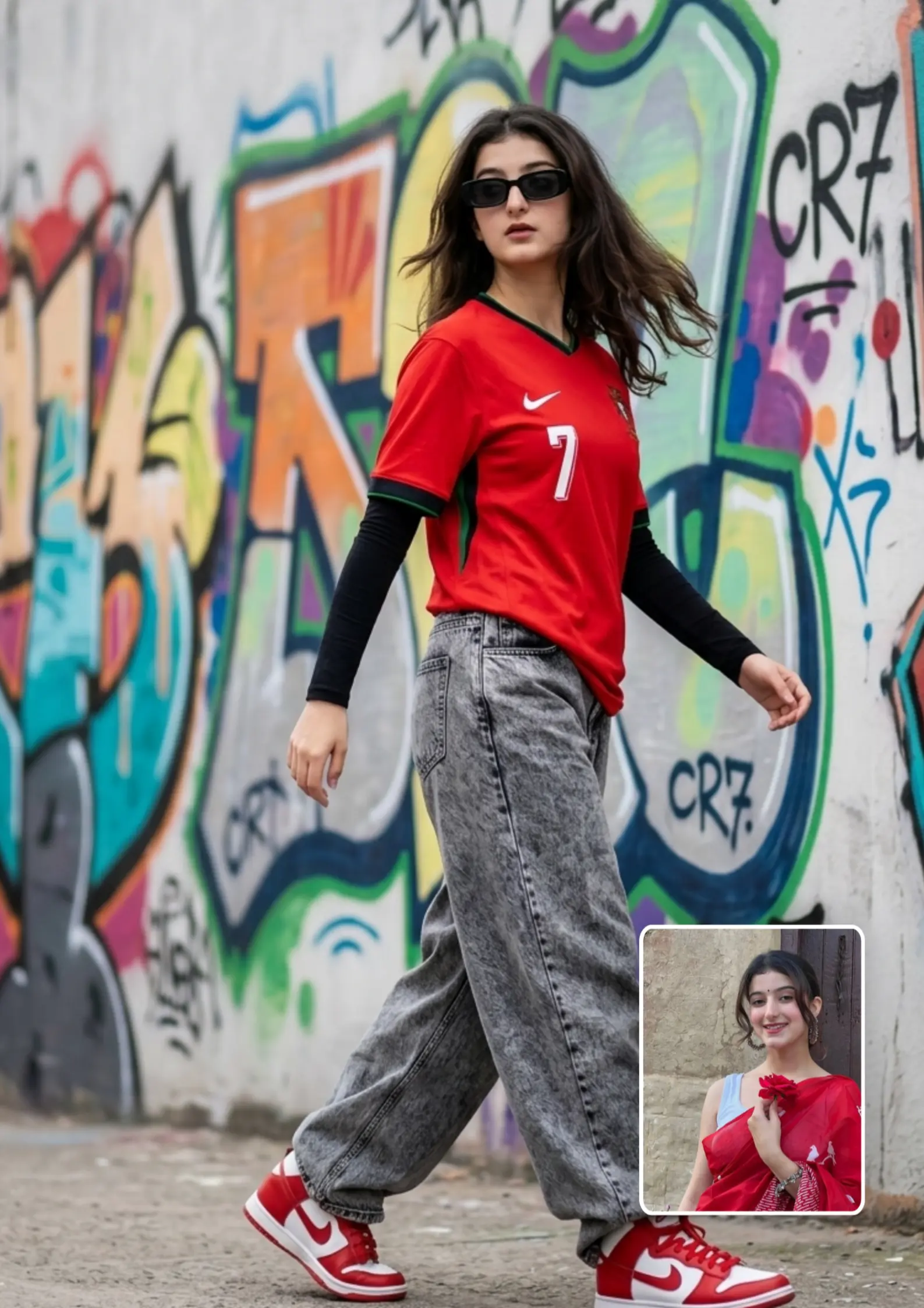 CR7 Fan Girl Walking Shot Looking Back Over Shoulder Graffiti Wall AI Prompt