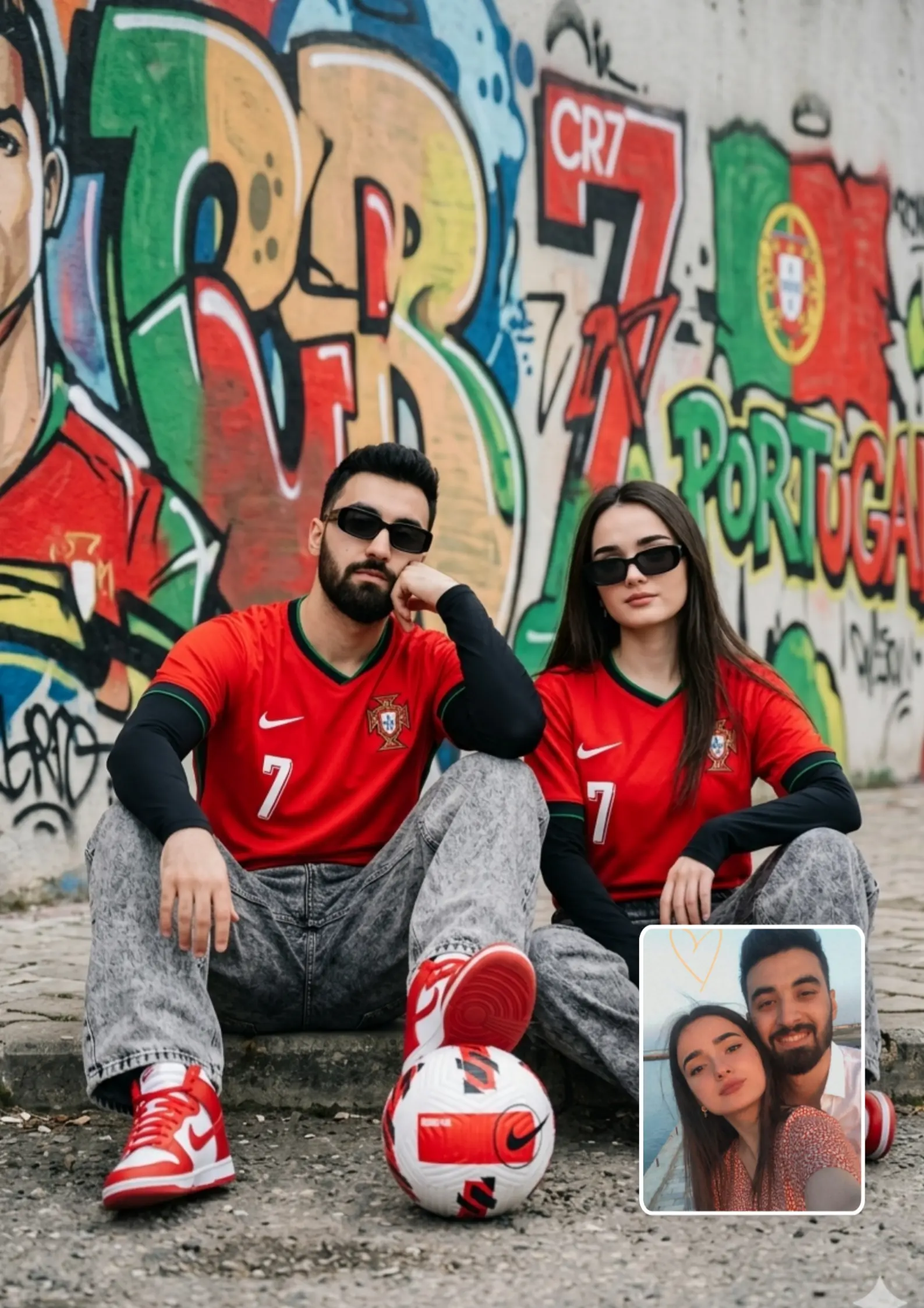 CR7 Jersey Couple Sitting on Ground Football Between Them — AI Photo Editing Prompt ChatGPT Gemini