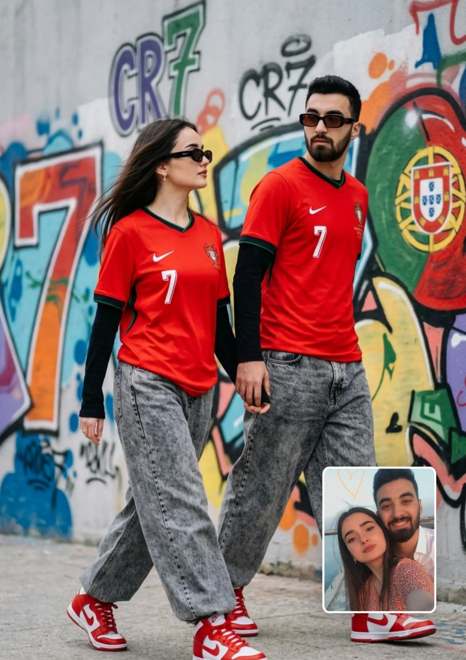 CR7 Jersey Couple Walking Together Candid Shot Graffiti Wall — AI Image Prompt ChatGPT 2026