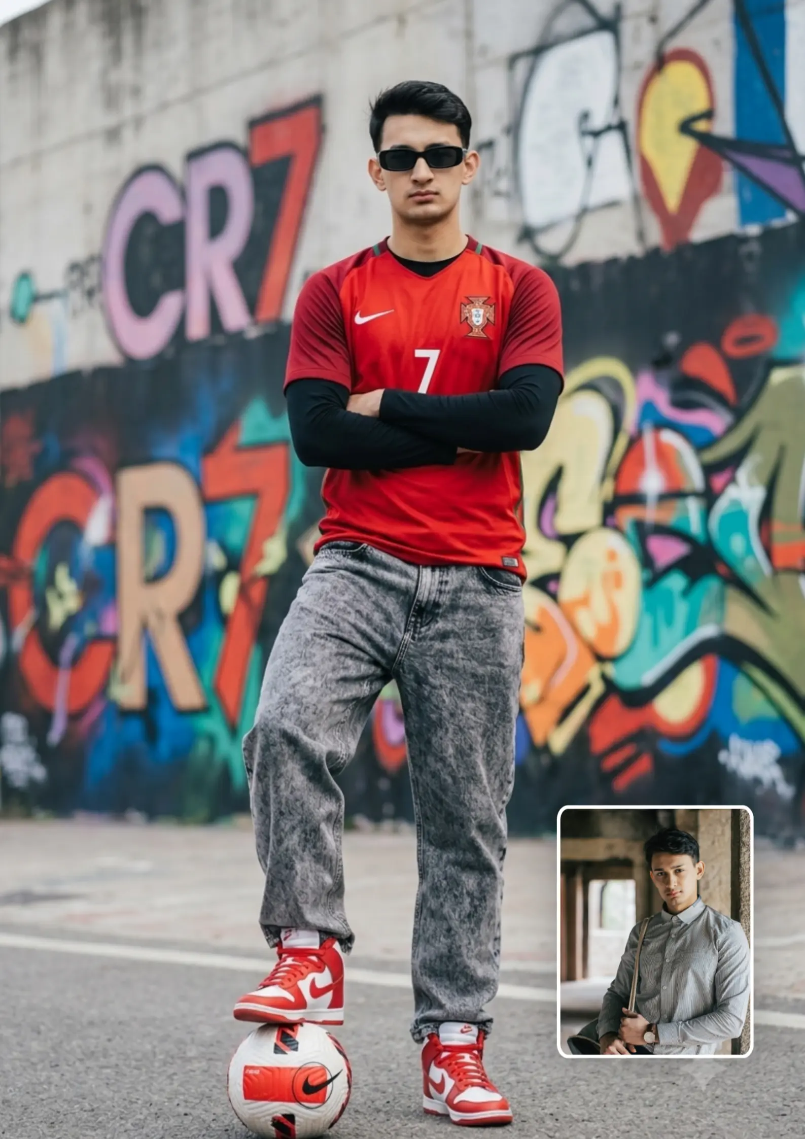 CR7 Portugal Jersey Boy Ball at Feet Confident Stand Street Style AI Photo Prompt