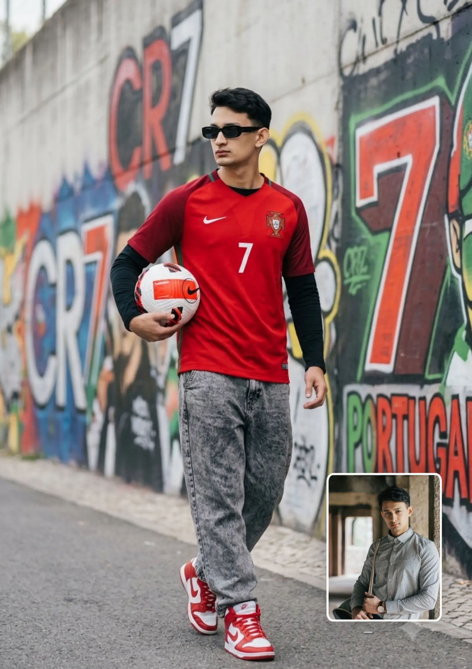 CR7 Portugal Jersey Boy Football Under Arm Walking Away Looking Back Stadium AI Photo Prompt