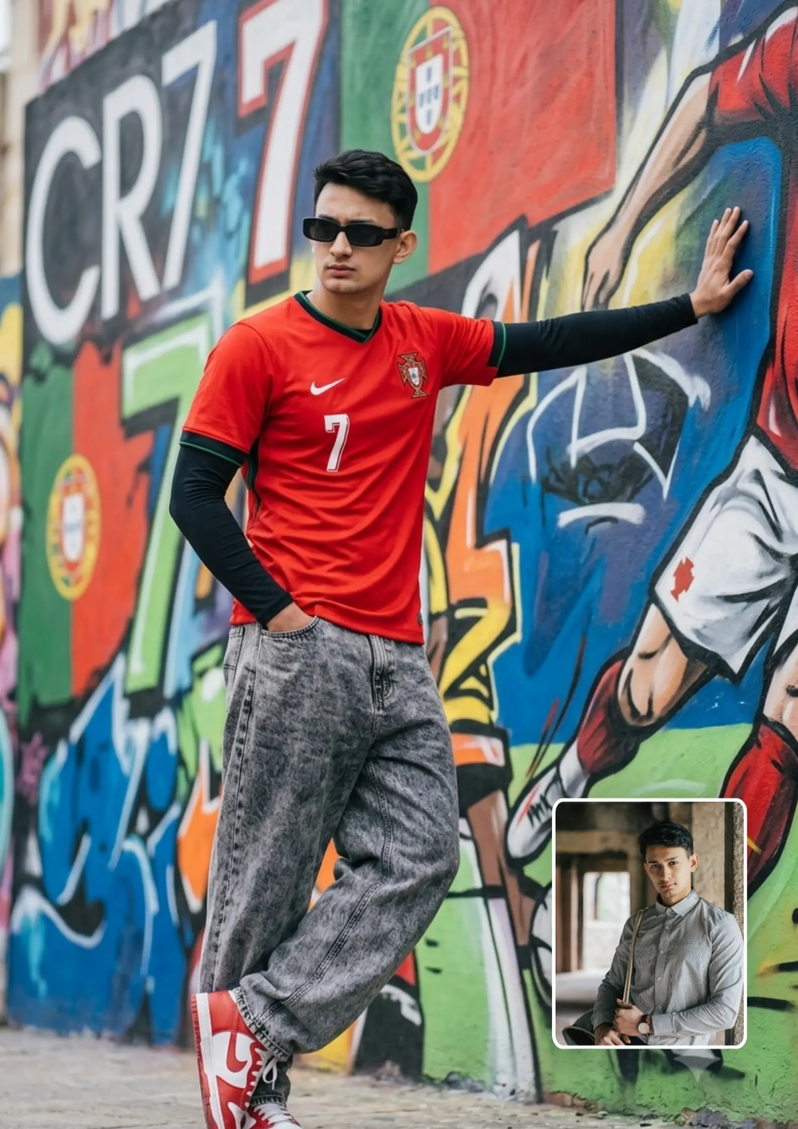 CR7 Portugal Jersey Boy One Hand on Wall Body Diagonal Face to Camera AI Photo Prompt