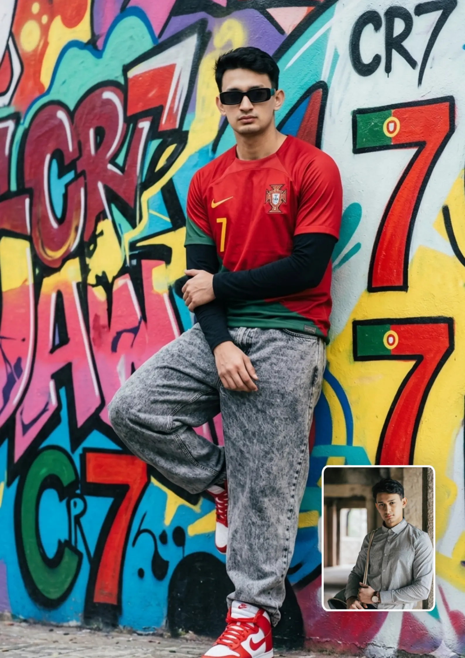 CR7 Portugal Jersey Boy Wall Lean Attitude Pose AI Photo Prompt