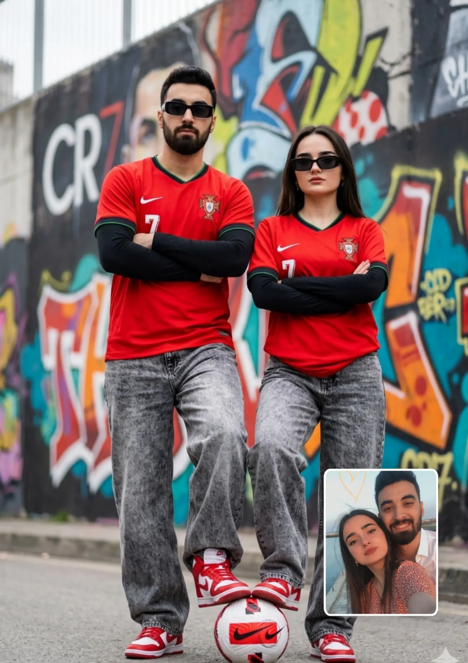 CR7 Portugal Jersey Couple Both Foot on Football Dominant Pose — AI Photo Prompt Gemini & ChatGPT