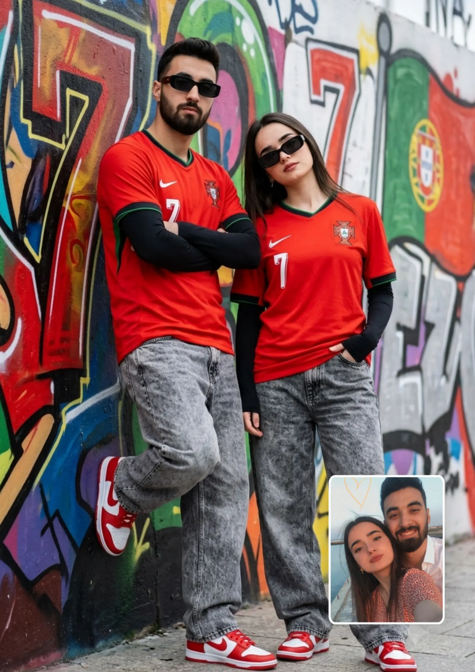CR7 Portugal Jersey Couple Wall Lean Together Matching Look AI Photo Prompt