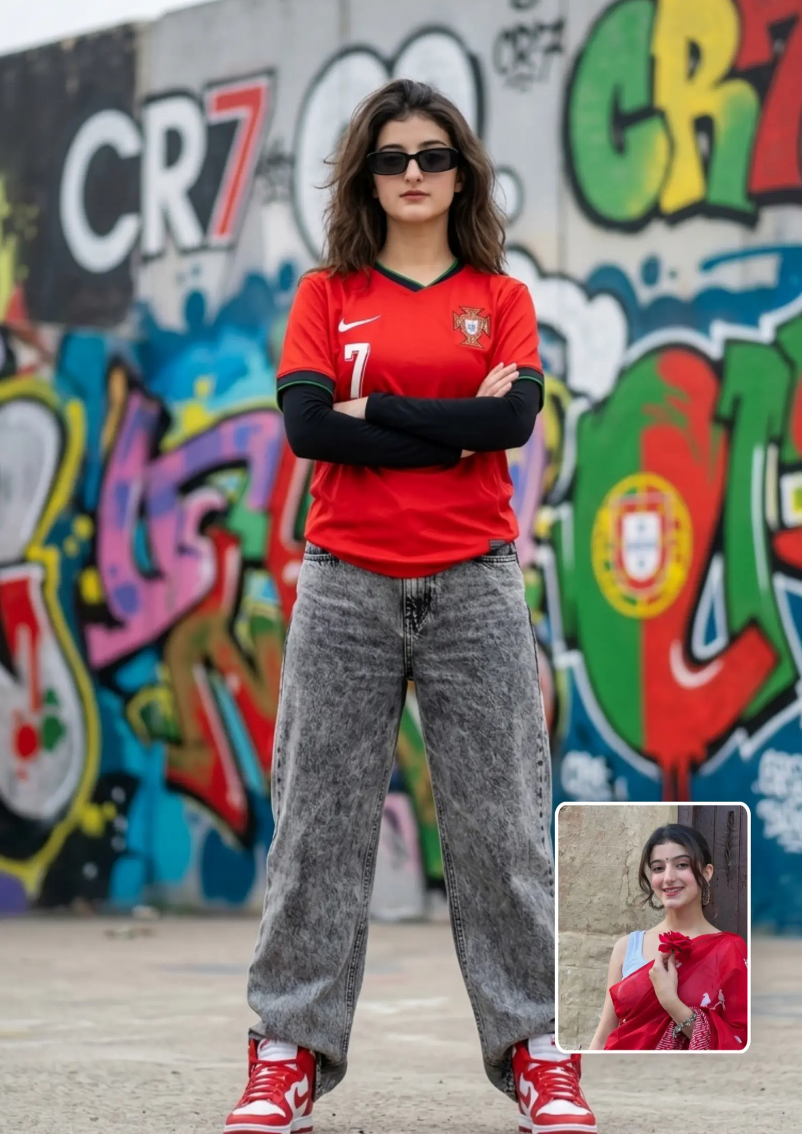 CR7 Portugal Jersey Girl Arms Crossed Power Pose Street Photography AI Prompt