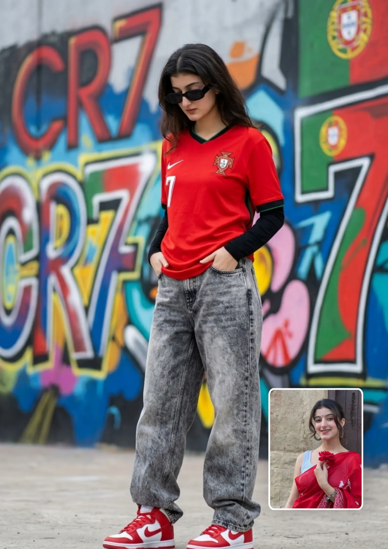 CR7 Portugal Jersey Girl Looking Down Moody Contemplative Pose AI Photo Prompt