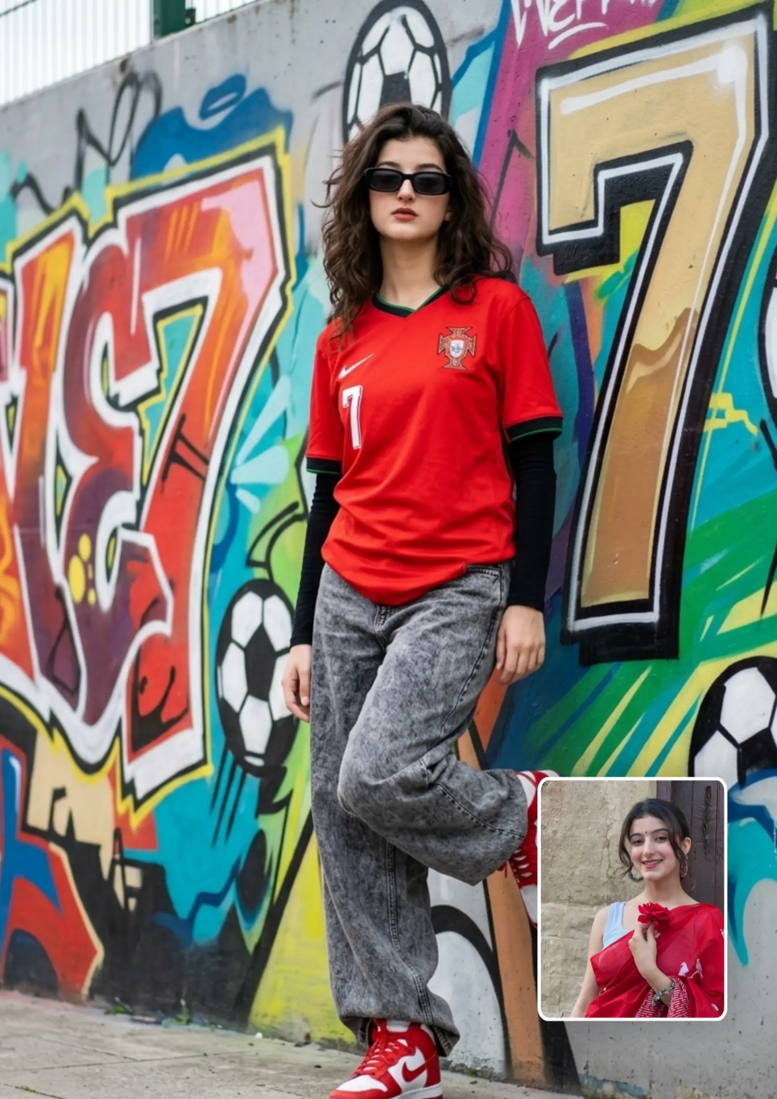 CR7 Portugal Jersey Girl Wall Lean Pose AI Photo Prompt for Gemini