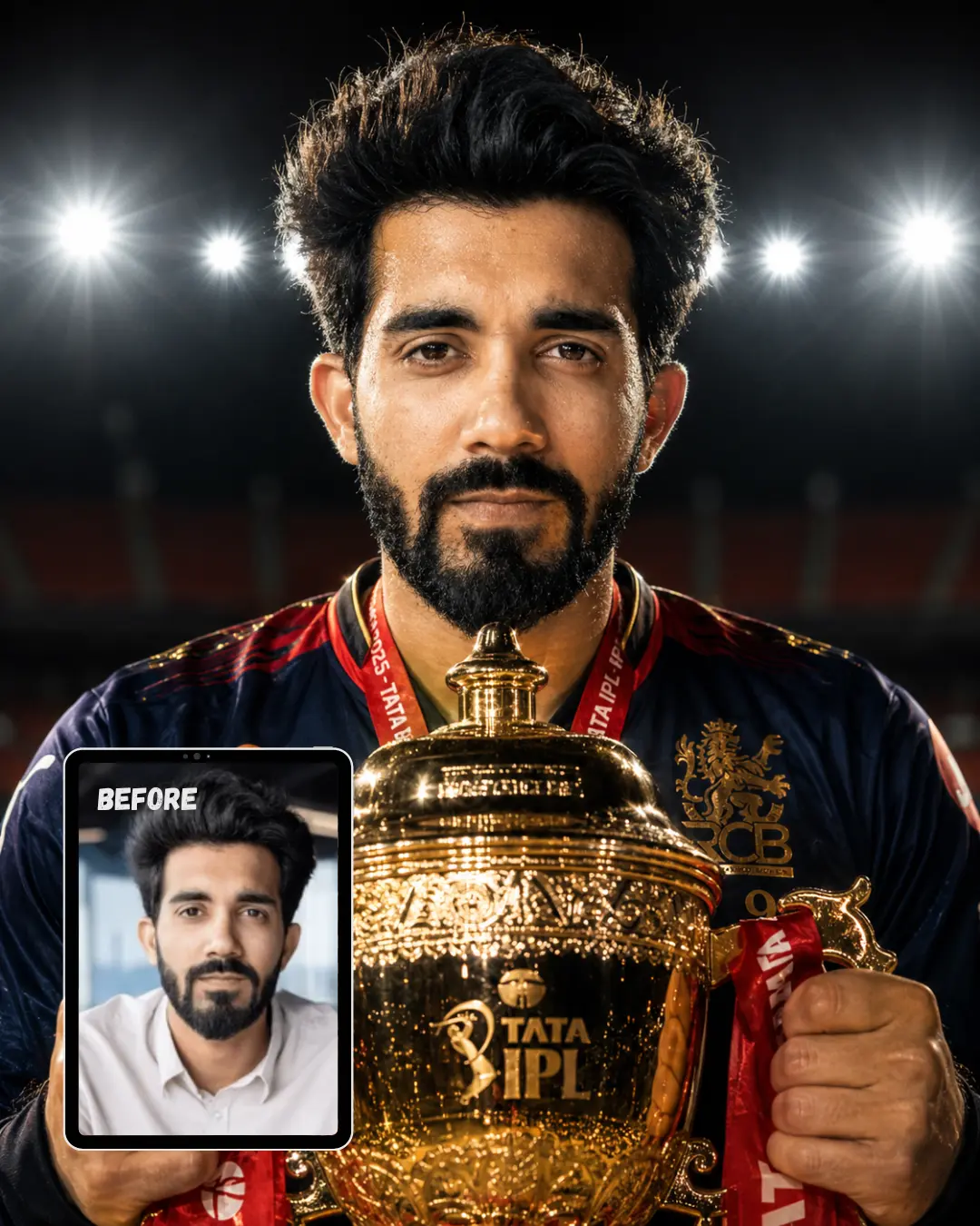 Closeup Photo Holding RCB IPL Trophy Under Stadium Floodlights at Night