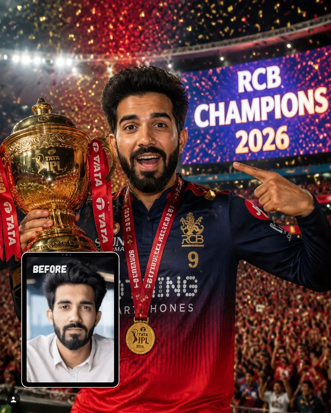 Closeup Photo Celebrating RCB IPL Win with Scoreboard Showing Champions