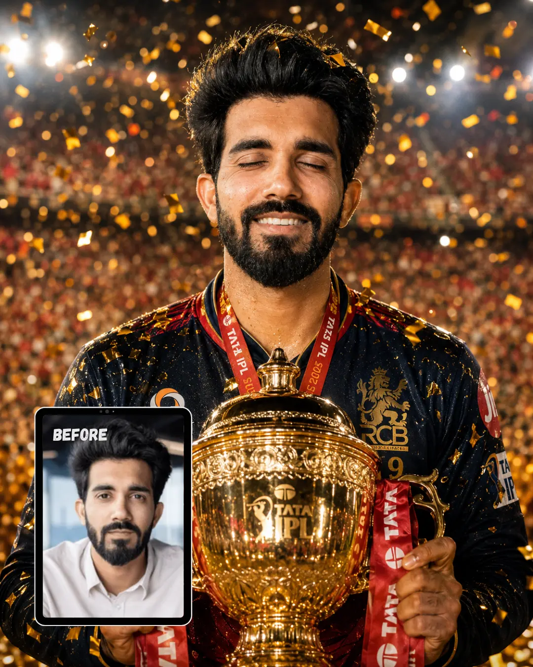 Closeup Photo with RCB IPL Trophy in Stadium Confetti Rain